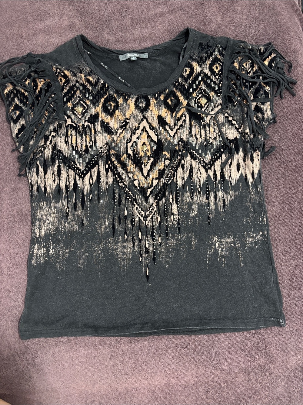 Miss Me Black Fringe Tribal Print Short Sleeve Tee